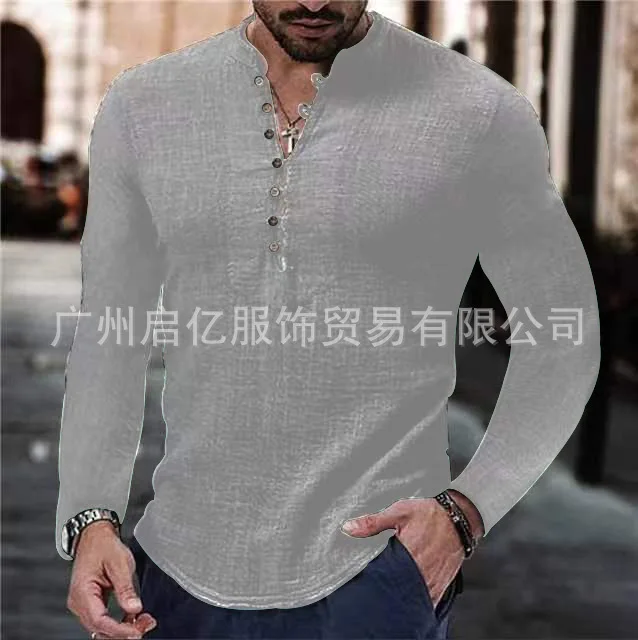 قميص رجالي كتان كاجوال بسيط برقبة على شكل حرف V صي...