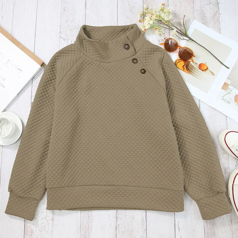 2024 New Women's Diamond Check Pullovers with Diagonal Button Sweatshirts Spring Fall Solid Color Long Sleeve Pullovers NASY0007