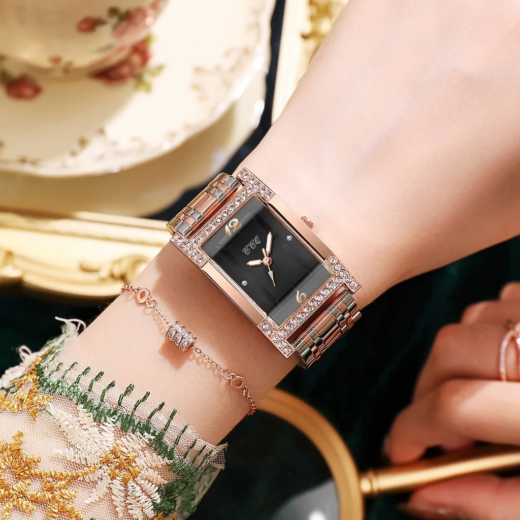 Fashion Rhinestone Women Watches Rectangle Stainless Steel Band Quartz Wrist Watches Relogio Feminino Montre Femme