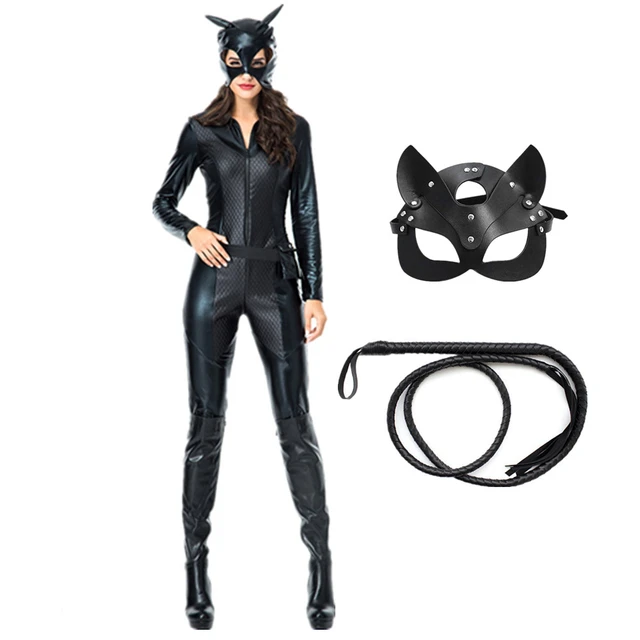 Disfraz erótico de gato para mujer, mono Sexy con látigo, máscara