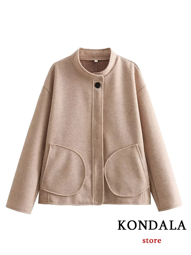 

Повседневное винтажное шикарное Женское пальто KONDALA, однотонное однобортное Свободное пальто с круглым вырезом и карманами, новая мода 2023 года, осенне-зимнее пальто