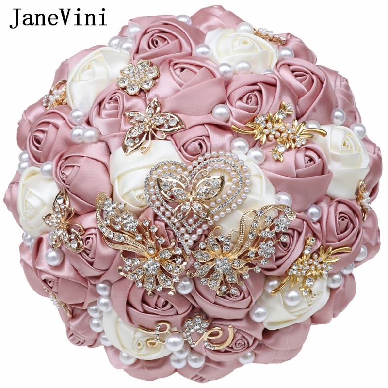 

JaneVini 2023 Dusty Pink Brides Bouquets Wedding Flowers Luxury Crystal Butterfly Jewelry Pearls Bridal Bouquet De Novia Boda