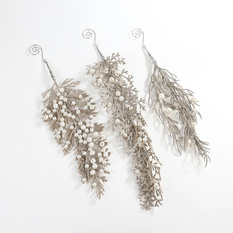 Champagne Colour Shaped Pendant Sticky Powder Pearl Plastic Cypress Leaves Christmas Tree Hanging Decorations Christmas Ornament