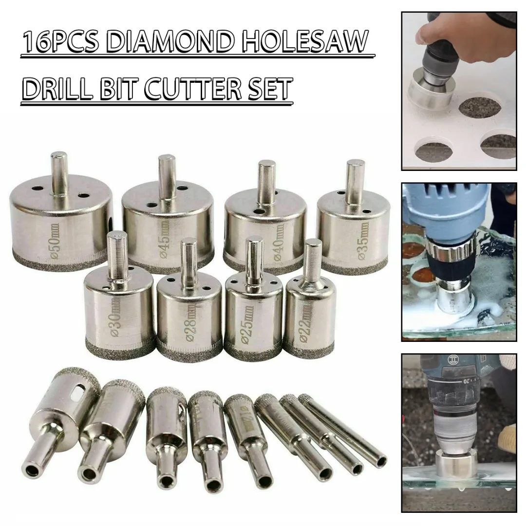 16PCS Diamond Hole Saw Drill Bit Set Coated Tile Marble Ceramic Hole Saw Drilling Bits Glass Cutting Tool Power Tool Accessories