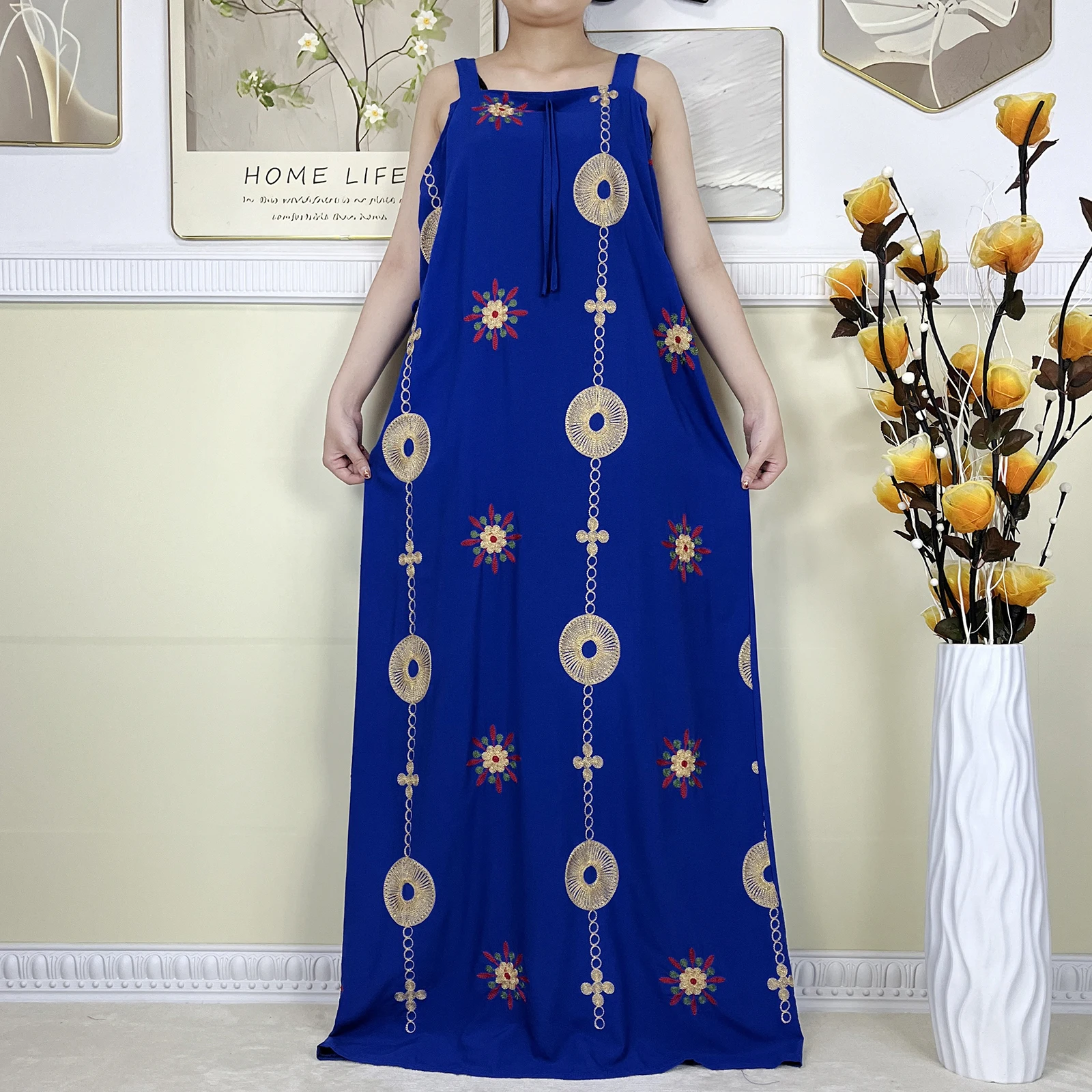 New Dubai Party Women Summer Sleeveless Dress With Big Scarf Cotton Embroidery African Lady Elegant Maxi Islam Casual Vestidos