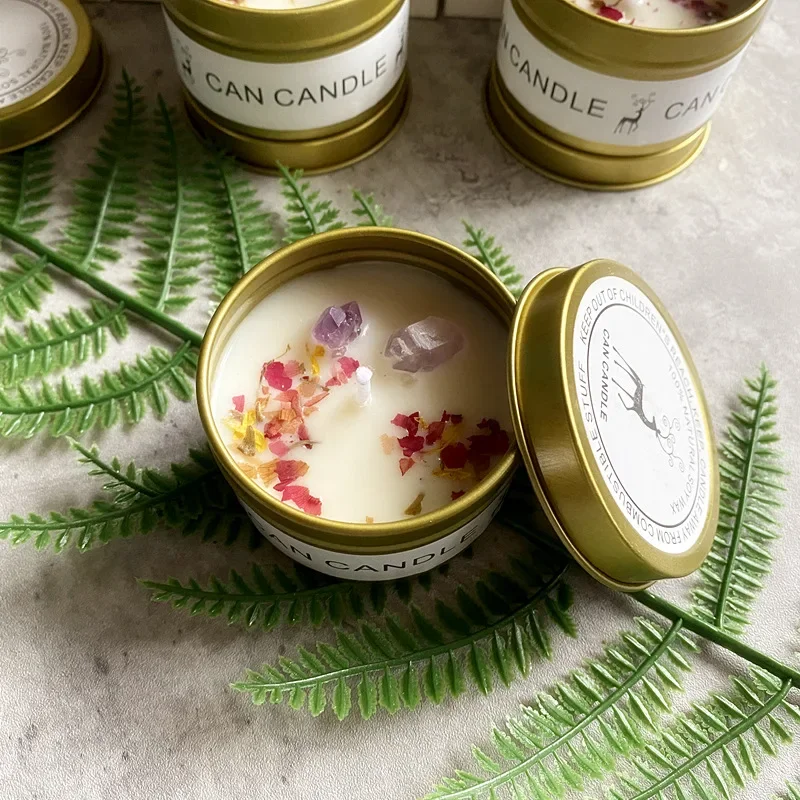 Scented Crystal Stone & Dry Flower Candle in Elegant Silver Tin