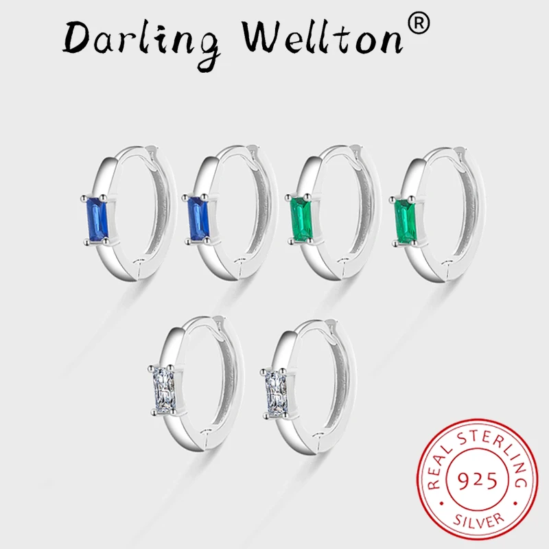 Trend Hoop Baguette Emerald Sapphire Earrings For Women Green Blue Geometric Original Sterling Silver Anniversary Gift Jewelry