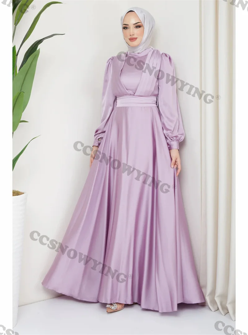 

Simple Satin Hijab Muslim Evening Dresses Long Sleeve High Neck Islamic Formal Party Gown Arabic Dubai Women Robes De Soirée