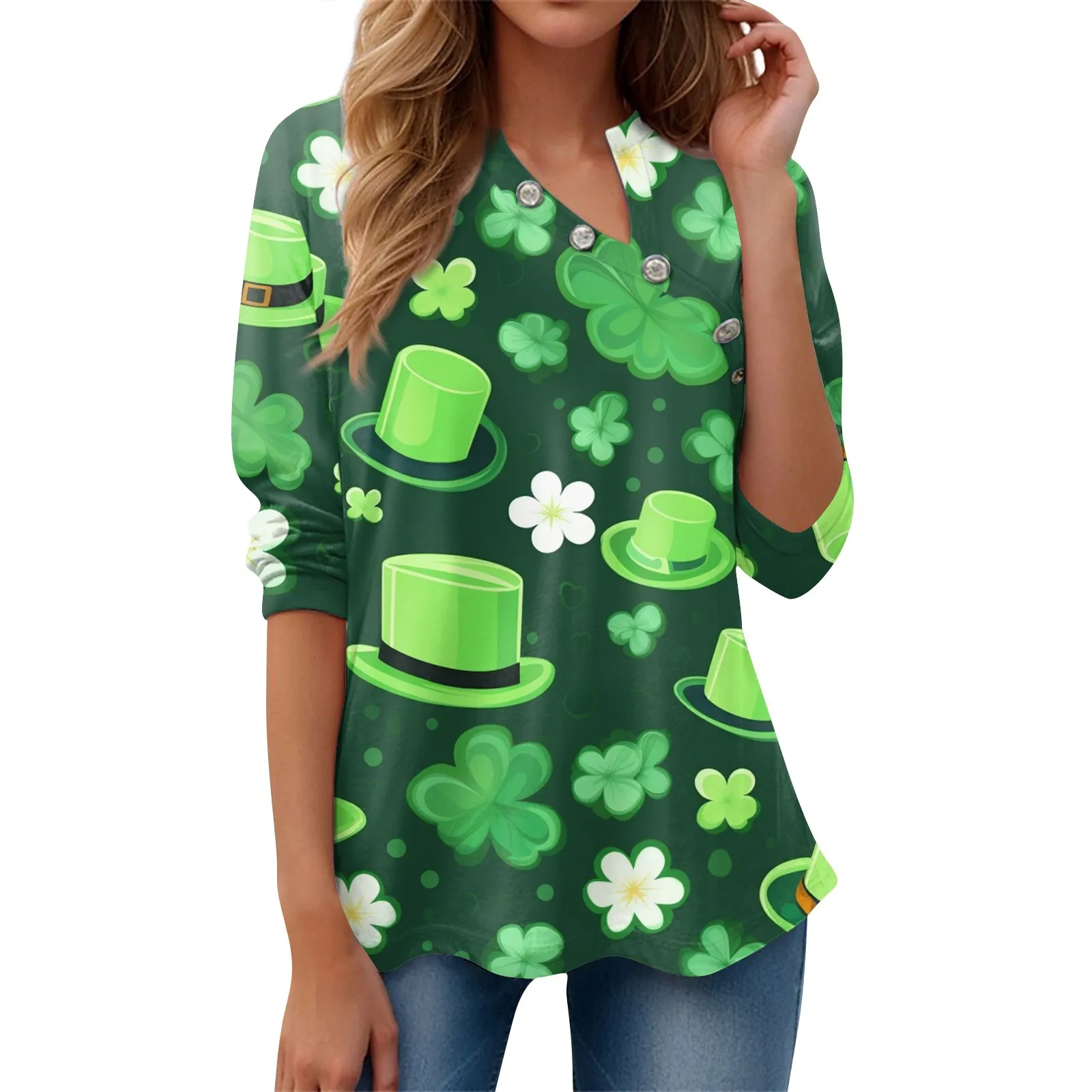 Damska Koszulka Tee St. Patrick'S Day Print Guzik Z Długim Rękawem Codzienna Moda Weekendowa Dekolt W Szpic Pulowerowe Topy Top Damska Moda