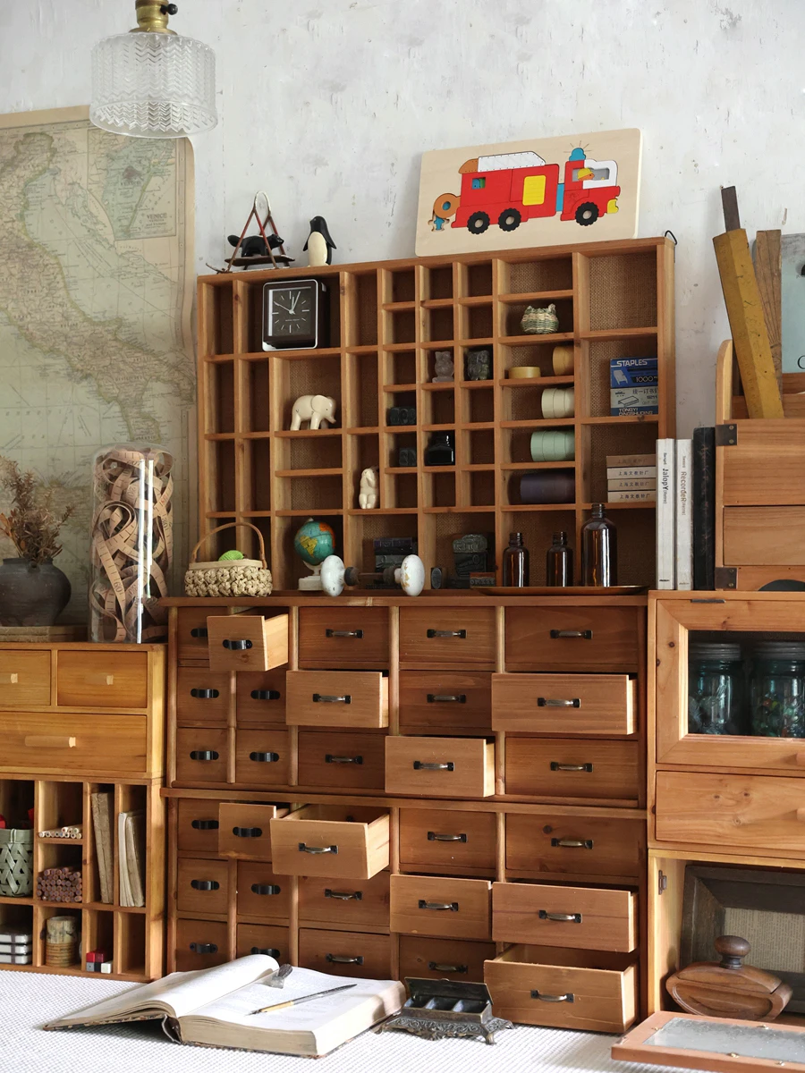 Vintage Library Desk Drawer Organizer - Wooden Storage Box with 16 Drawers  USA