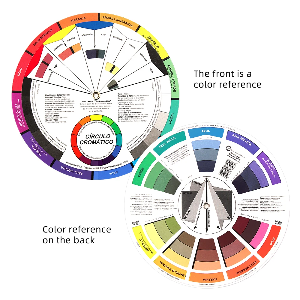Chromatic Circle Spanish/English Chromatic Circle 12 Color Paper Card Wheel Three Tier Design Rotating Mini Chromatic Circle for Permanent Makeup