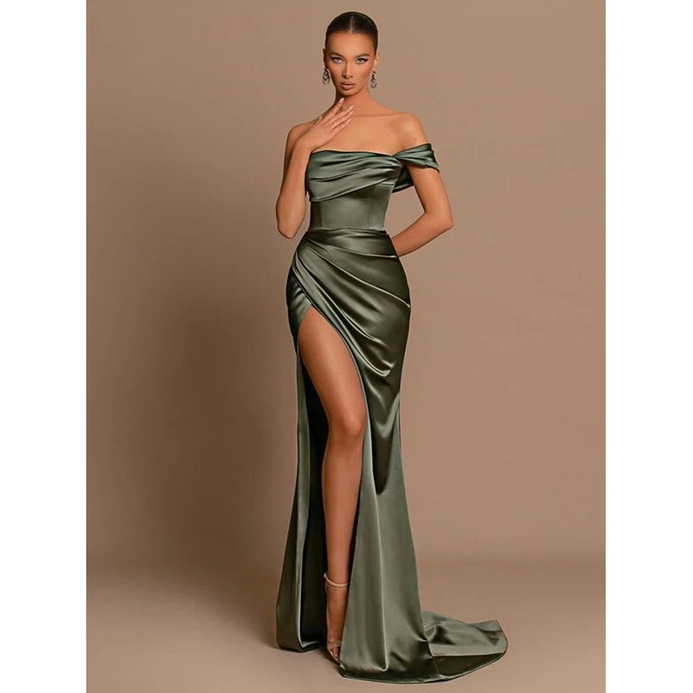 

Elegant Off The Shoulder Women Evening Dress 2024 Satin Green High Split Ruched Bust Waist Pleat Prom Formal Party Gown Vestidos