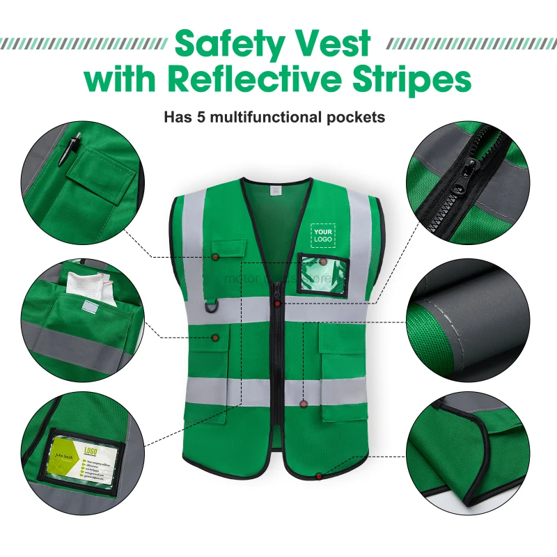 Custom Reflective Vest Green Safety Workwear Custom Logo Construction Vest High Visibility Signal Vest With Zipper And Pockets