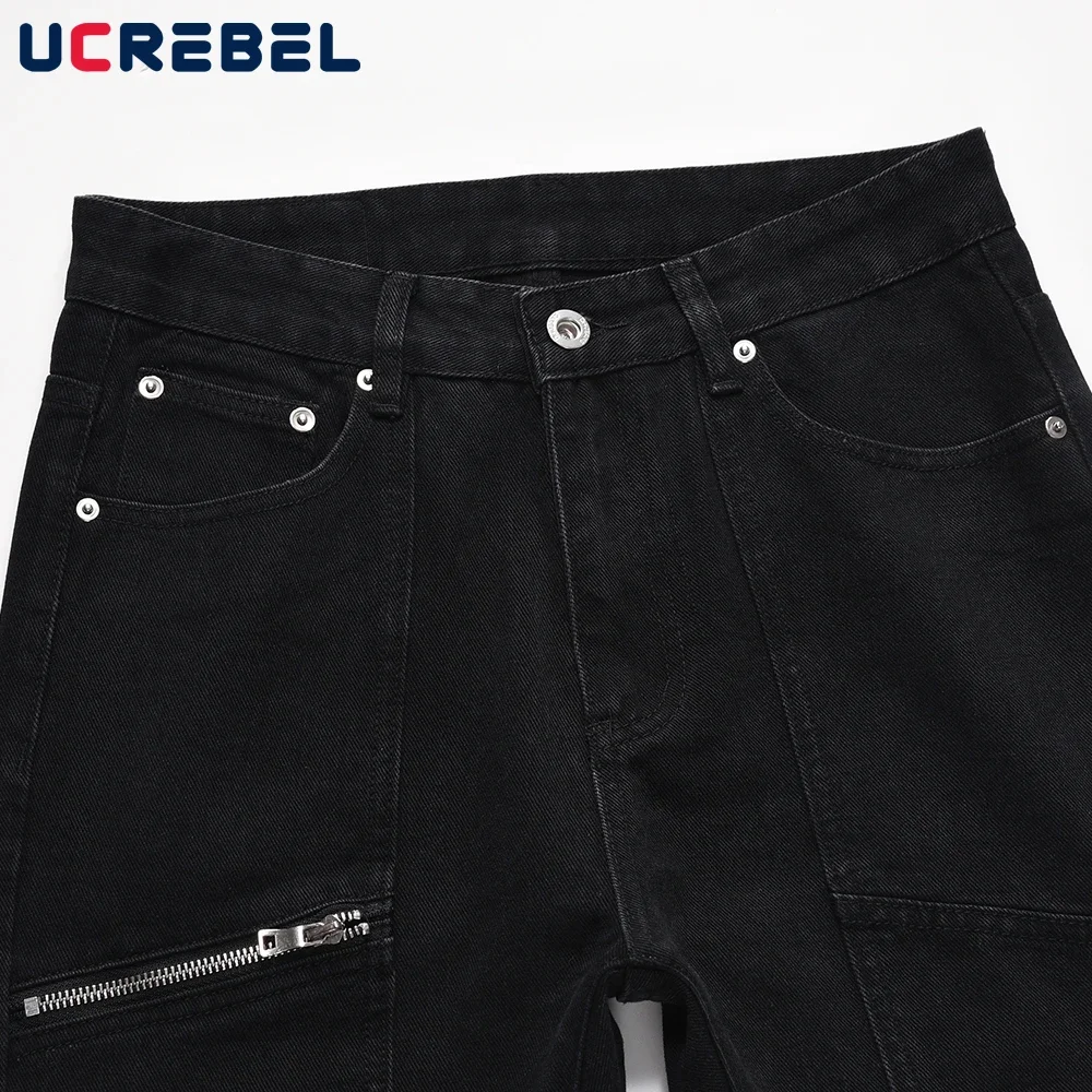 Multi-Pocket Flared Pants Mens High Street Washed Black Casual Straight-leg Pants Men Jeans 4