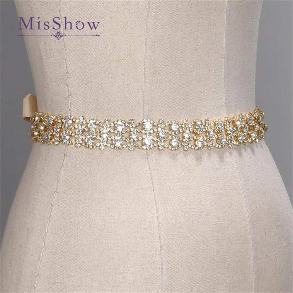 MisShow Gold Silver Handmade Rhinestone Belt Crystal Wedding Bridal Sash Satin Ribbon Wedding Accessories bridal waistband,bridal dress decoration,bridal garter belt