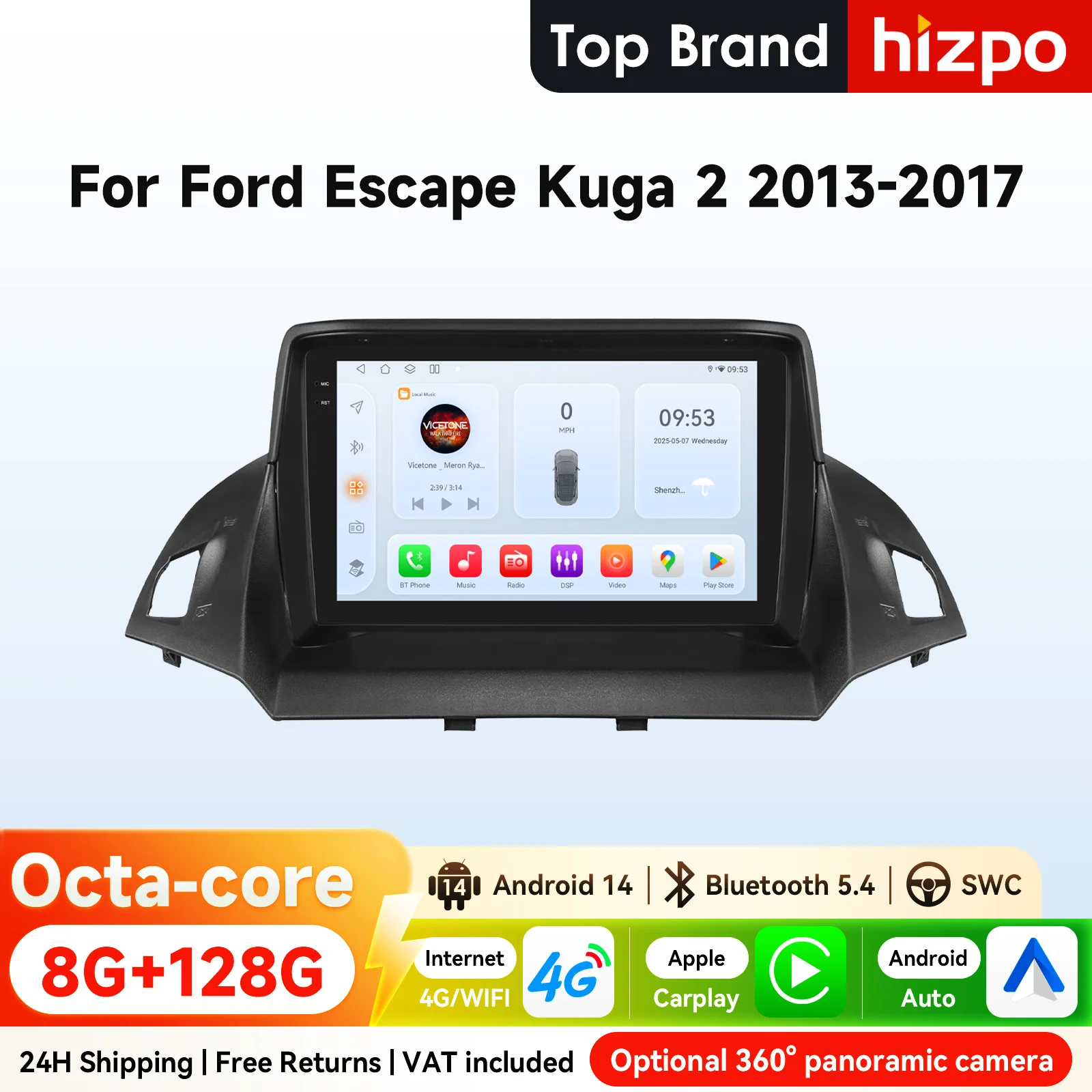 Hizpo 2Din 9 Zoll Android14 Autoradio für Ford Escape Kuga 2013–2016 Auto CarPlay 4G BT Snapdragon 6115 GPS RDS DSP 360 ° CAM
