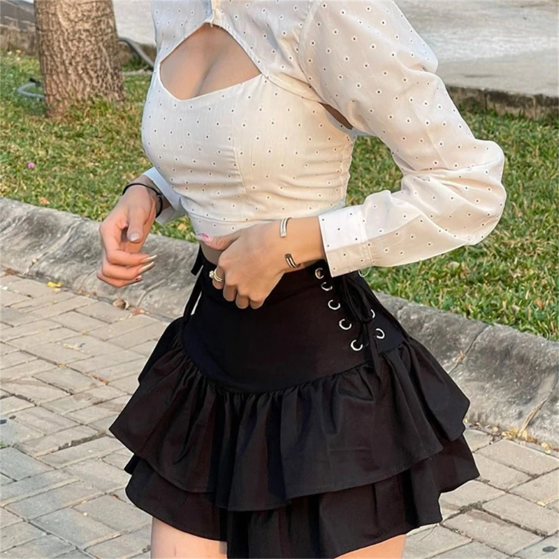 Womens Punk Pleated Ruffle Hem High Waist Side Lace-Up Pleated A-Line Mini Skirt 10CF