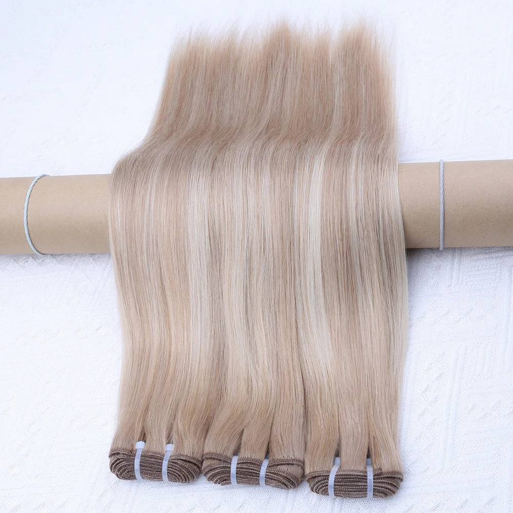 Mèches Biondo Cenere Mescolato con Biondo Schiarito, Set Completo di Ciocche di Capelli Vergini Vietnamiti Lisci, Estensioni di Capelli a Trama a Doppia Trama - immagine 4