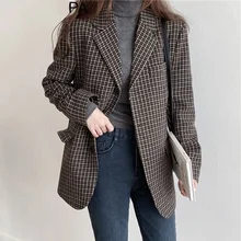

FOR New 2021 Autumn Winter Women's Blazers Plaid Pockets Formal Jackets Vintage Fashionable Office Lady Checkered Wild Tops