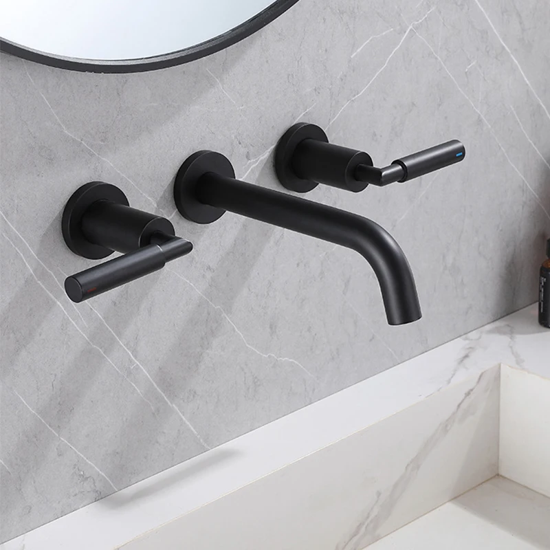 Black Wall Mount Bathroom Faucet Basin Faucet, Wall Mounted Sink Faucet, Dual Handle, Solid Brass 2 Handle Washbasin Faucet