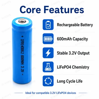 Kit Caricabatterie LiFePO4 14500, 2 Batterie Ricaricabili da 3.2V 600mAh con Caricatore USB Intelligente per Luci Solari, Torcia