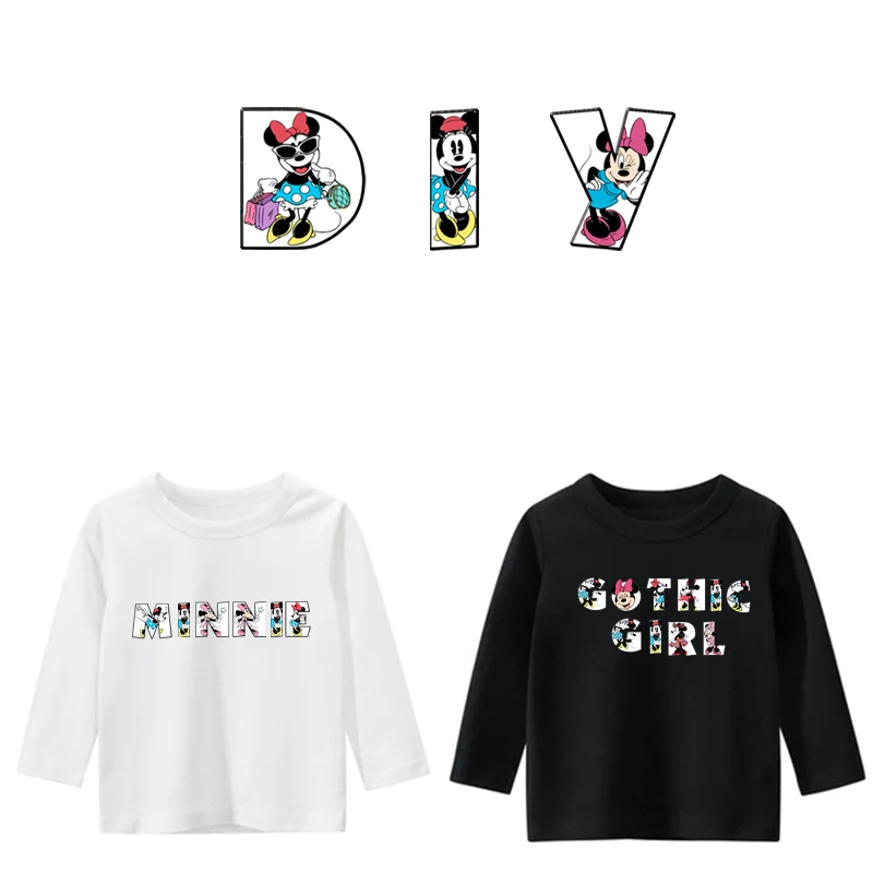 Disney Minnie Mouse 26 letters clothing patches Iron-on transfers for children clothing DIY girls clothes printing heat transfer stickers