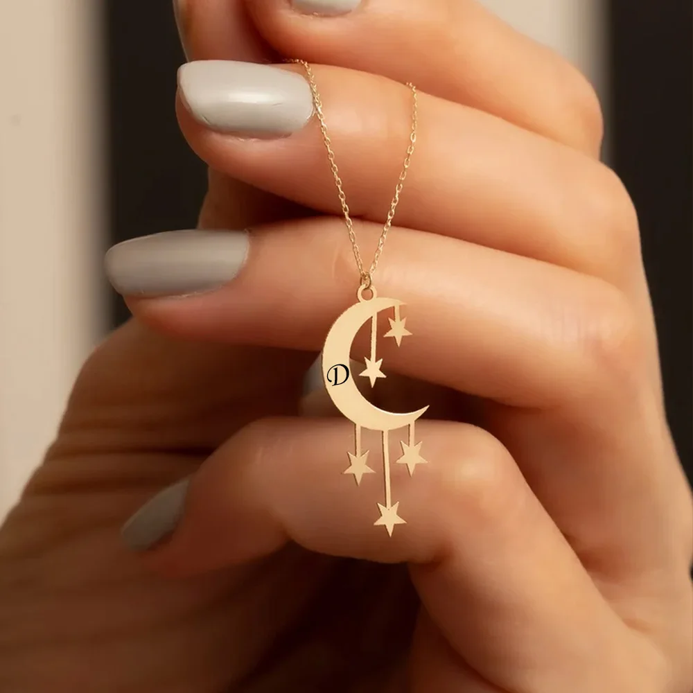 Custom Letter Necklace for Women Men Gold Silver Stainless Steel Jewelry Star and Moon Pendant Charm Gift Wholesale Direct Sales wholesale moon jewelry cases