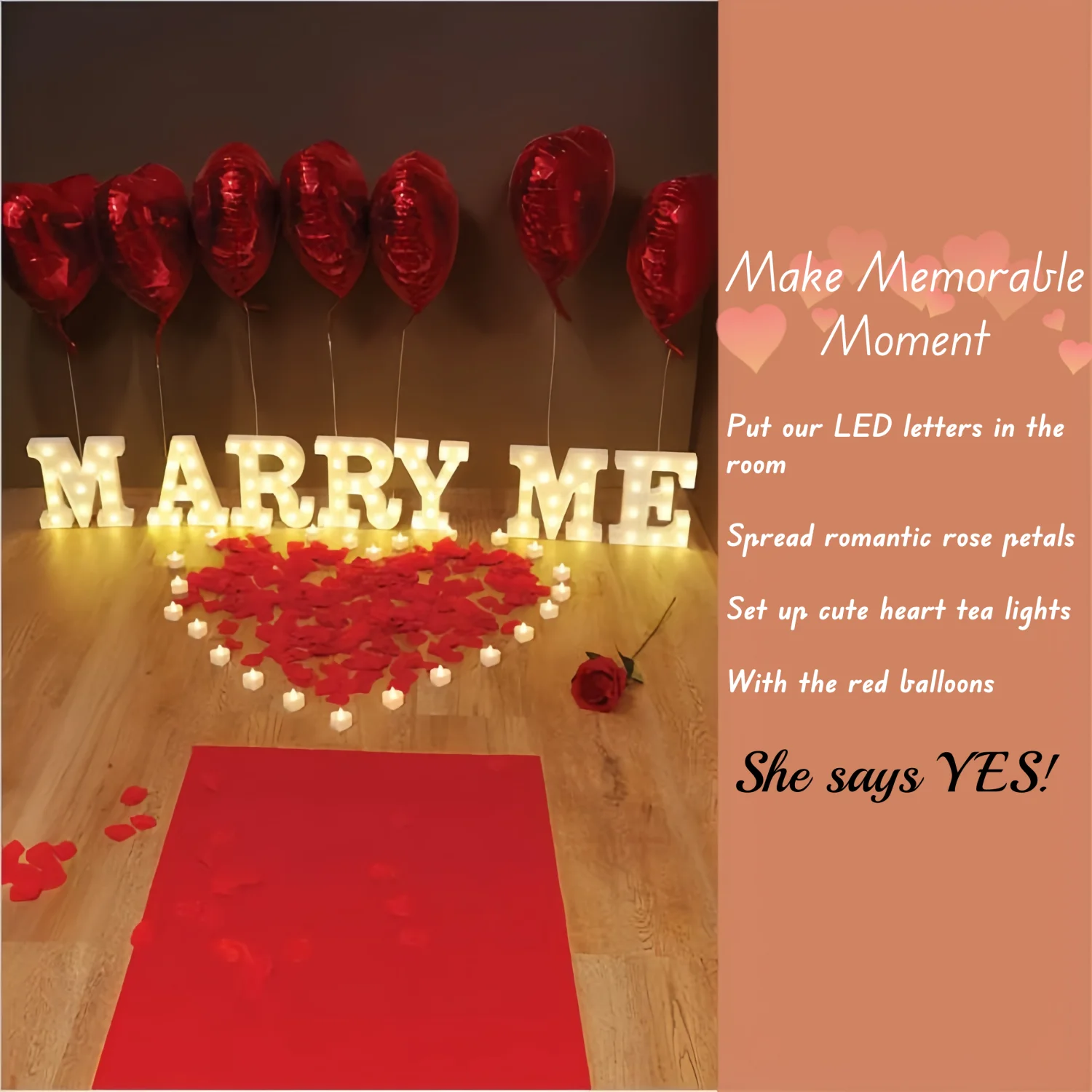 Description Picture 4 of item2045PCS Marry Me Letters Proposal Decorations Will You Marry Me LED Sign Rose Petals LED Candles for Proposal Engagement Wedding