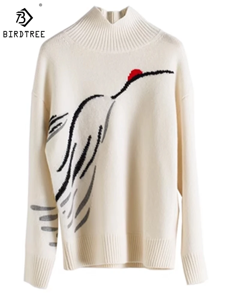 

BirdTree 10%Cashmere 90%Wool Pullover,Women Half-High Neck Thickened Jacquard,Loose Versatile Soft Knitwear,2024 Spring T41066QD
