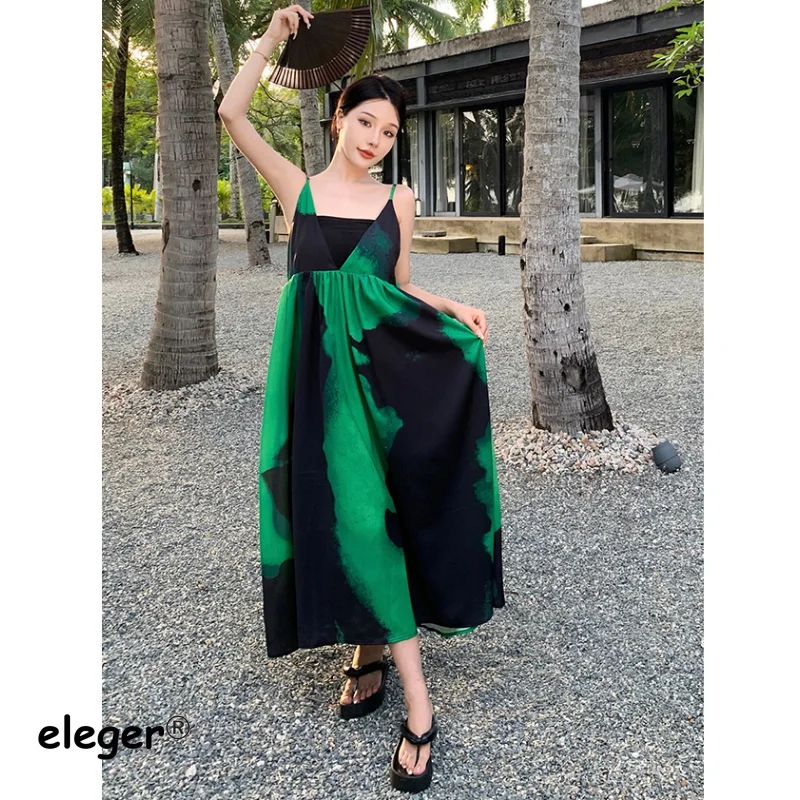 

2023 New Summer Tie-Dyed Vacation Beach Dress for Women Korean Long Robe V-Neck Bohemian Lazy Style Swinging Elegant Chic A-Line