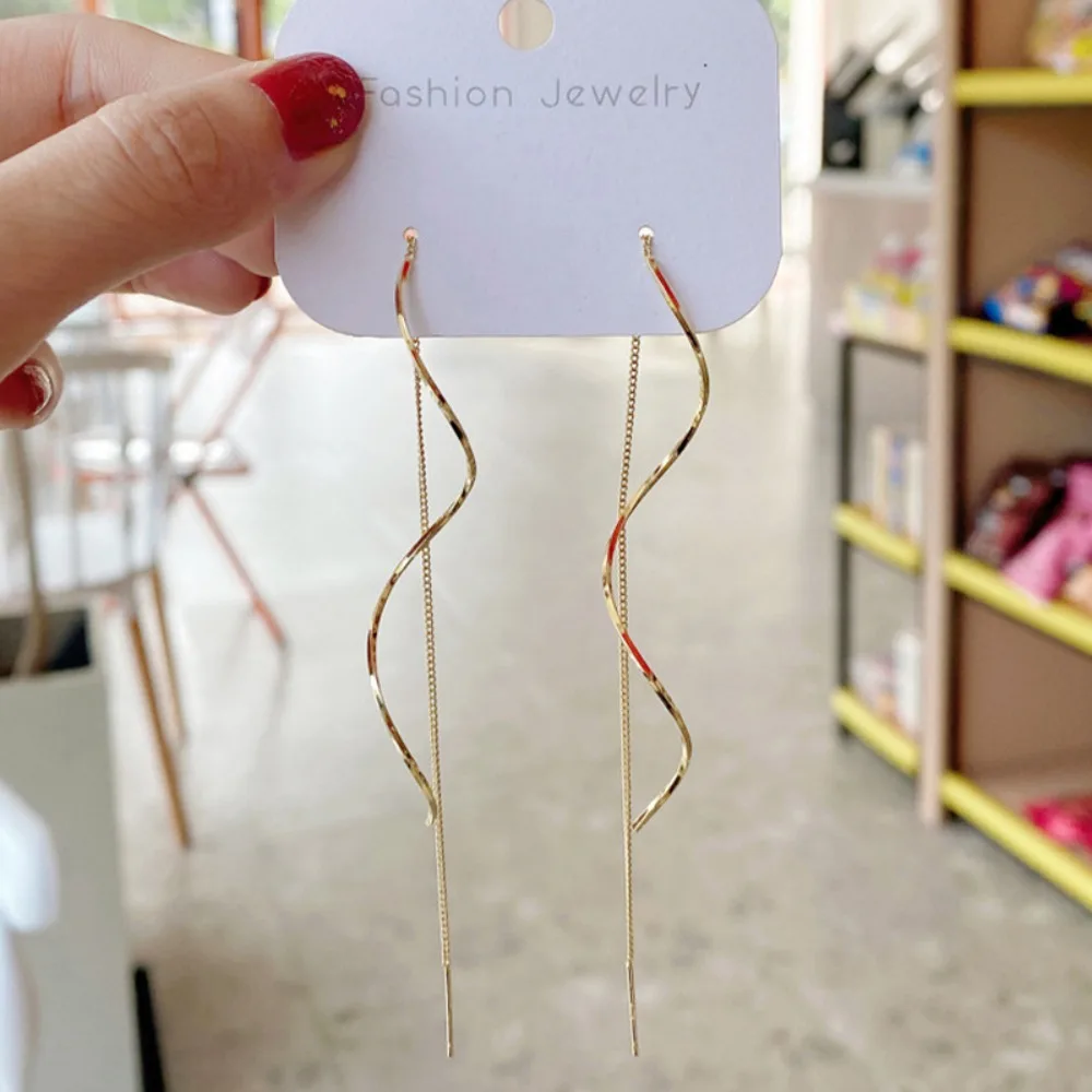 Wavy Long Drop Dangle Ear Line Earrings for Women Classic Spiral Stainless Steel Korea Earring Jewelry Gift
