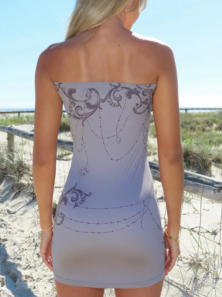 Nibber Patchwork Metal Rings Dress Women Skimpy Backless Strapless Graphic Print Sexy Slim Midnight Clubwear Party Mini Bodycon