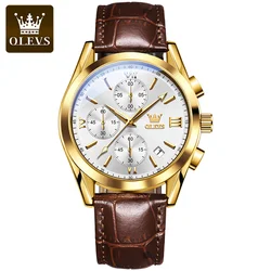 Luxury Chronograph Men's Leather Strap Waterproof Watch with Luminous Dial (Gold White)