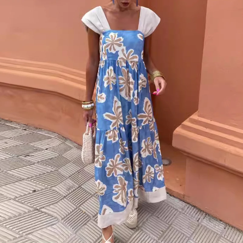 

Summer Fashion Sleeveless Pleated Bohemian Dress Elegant Slim Women Long Dresses Lady Sexy Square Neck Floral Print Party Dress