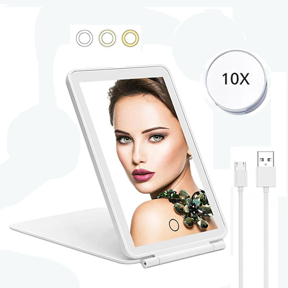 Portable 10x Magnifying LED Makeup Mirror 3 Colors Lighted Touch Screen Folding Travel Cosmetic Dressing Mirror USB Rechargeable small pocket portable travel mini compact led makeup mirror with light 5x magnifying pink black foldable cosmetic vanity mirrors