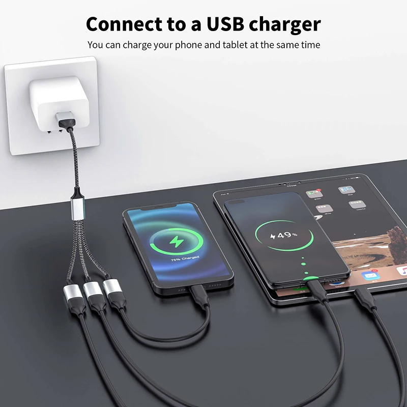 4-Port Braided USB 2.0 Splitter Cable - 0.25M Charging & Data Sync Extension