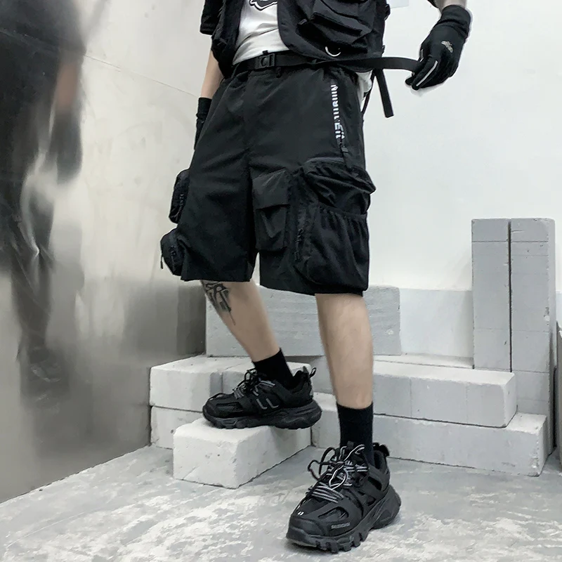 

Men Black Ribbons Hip Hop Cargo Shorts Three-dimensional Pockets Harajuku Punk Short Pants Bermuda Homme