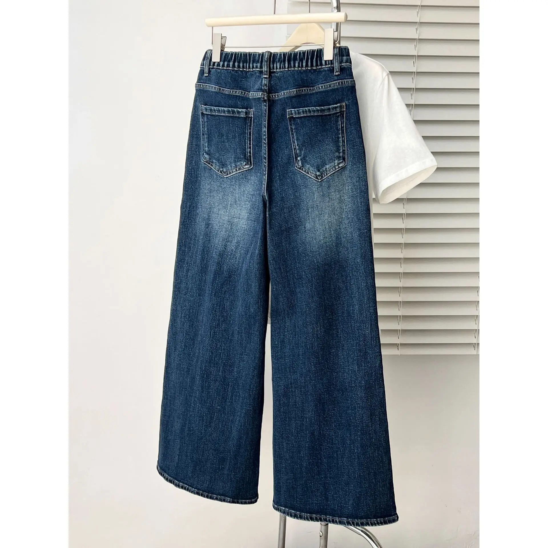 Jeans à Jambes Larges Effet Deux Pièces avec Ourlet Faux, Taille Plus, Qualité Automne 2026, pour Femmes, Mode Décontractée, Pantalon Long en Denim, Modèle T089