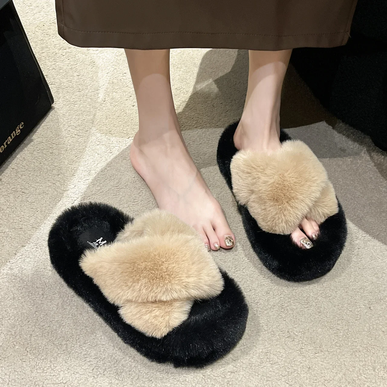 Summer Fluffy  Fur Slippers Shoes Women Real Fox Flip Flop Flat Furry Slides Outdoor Sandals  Indoor
