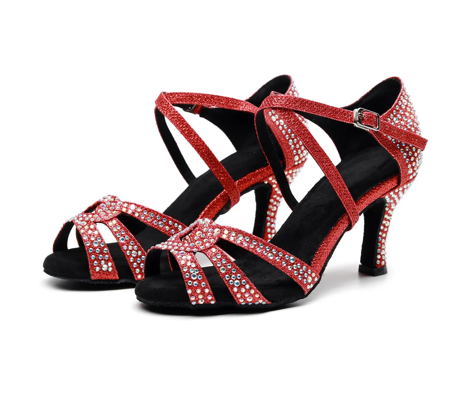 

New Style Lady Rhinestone Latin Dance Shoes Women Breathable Ballroom Salsa Tango Dancing Sandals Soft Suede Sole 7.5cm Heel Red