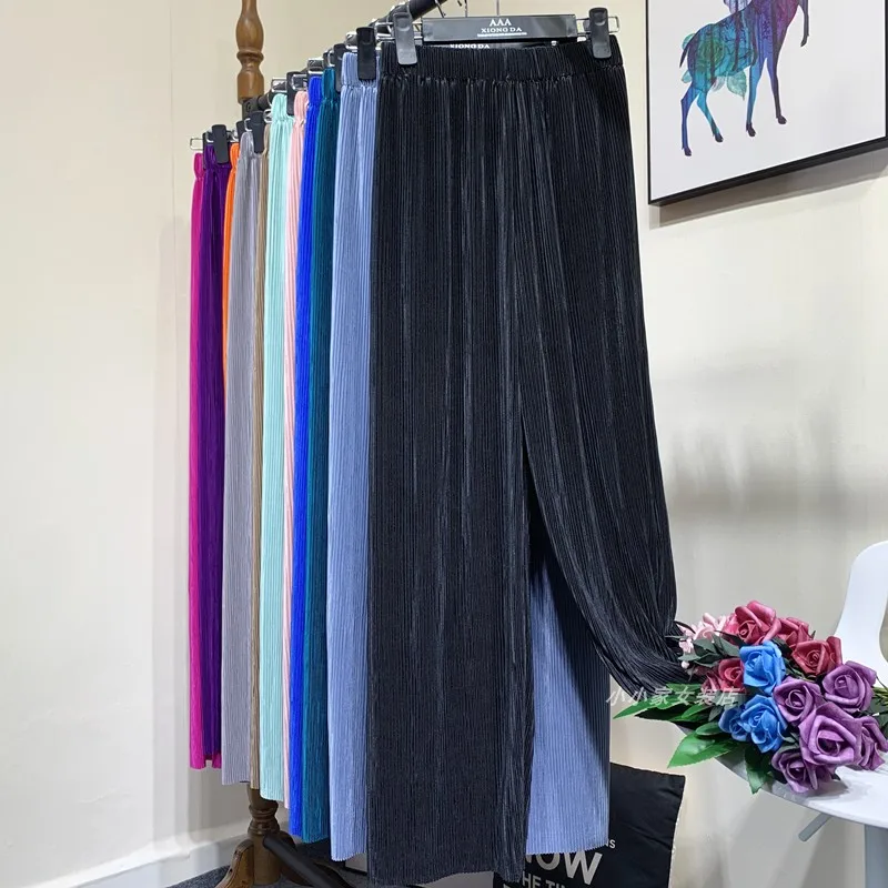 Summer Thin Chiffon Wide Leg Pants For Women Casual Candy Color Loose Long Pants Lady Solid Color Straight Pleated Trousers