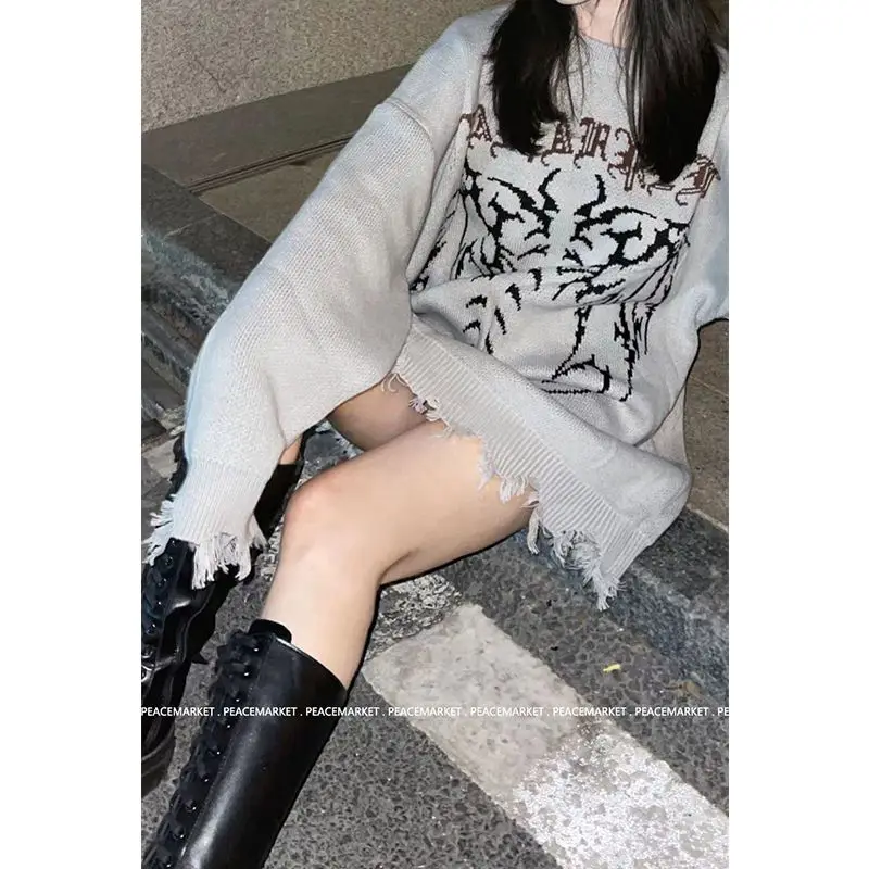 

Winter Distressed Jumper for Men Sueter Y2k Vintage Grunge Gothic Sweater Skeleton Graphic Pull Oversize Knit Hip Hop Knitwear