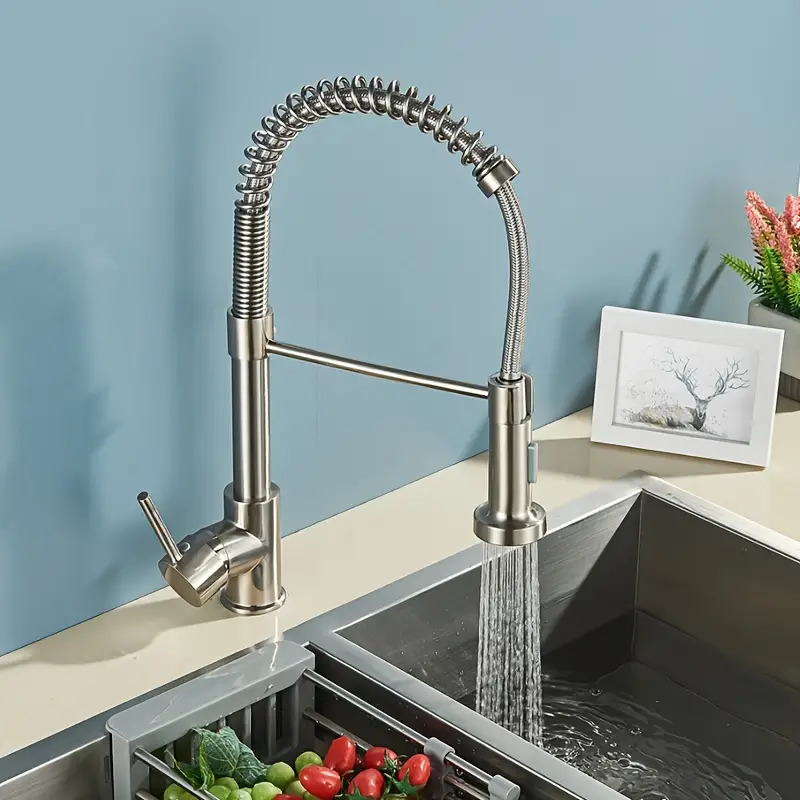 Kitchen Pull Down Spring Sink Faucet 360 Rotation Hot Cold Mixer Tap Classic Style With Multiple Components, Single Hole Install