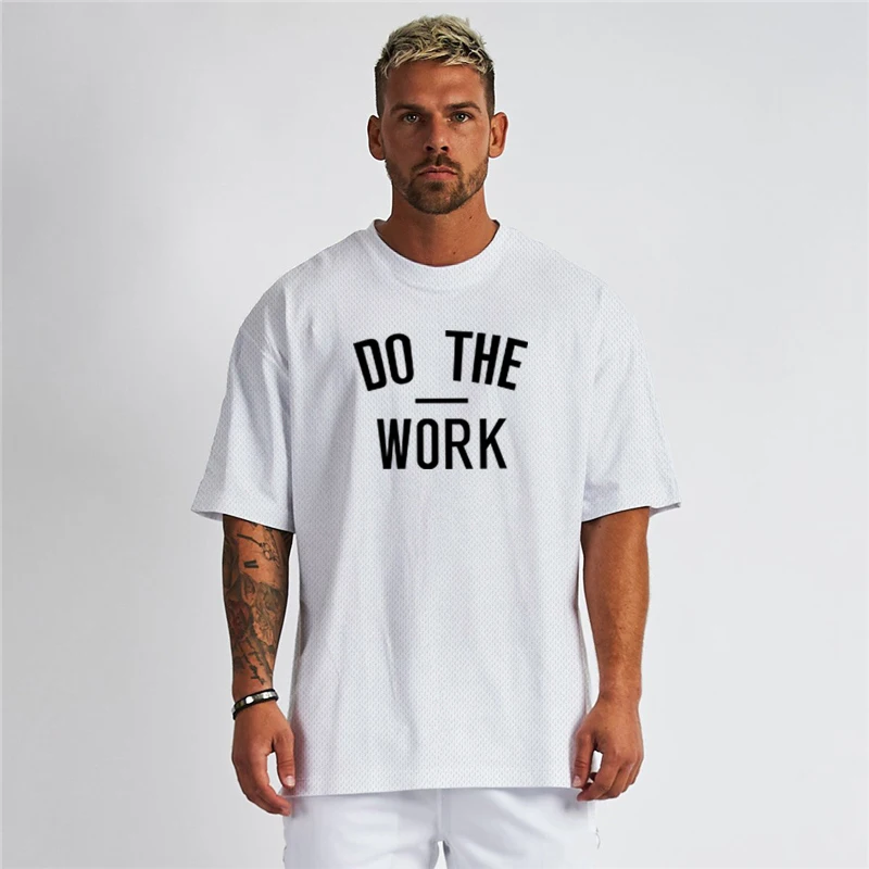 

Gym Fitness Men Dropped Shoulders Loose Oversized T-shirt Street Casual Short Sleeve Summer Breathable Quick Dry Mesh Cool Tops