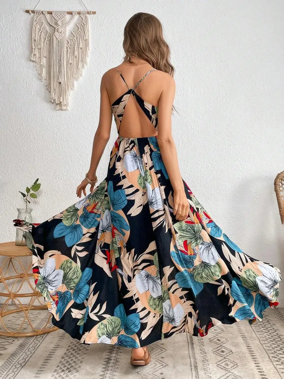 Fashion Flower Print Spaghetti Strap Dresses Women Sexy V-neck Backless Slit Long Dress Bohemian Style Vacation Beach Vestidos