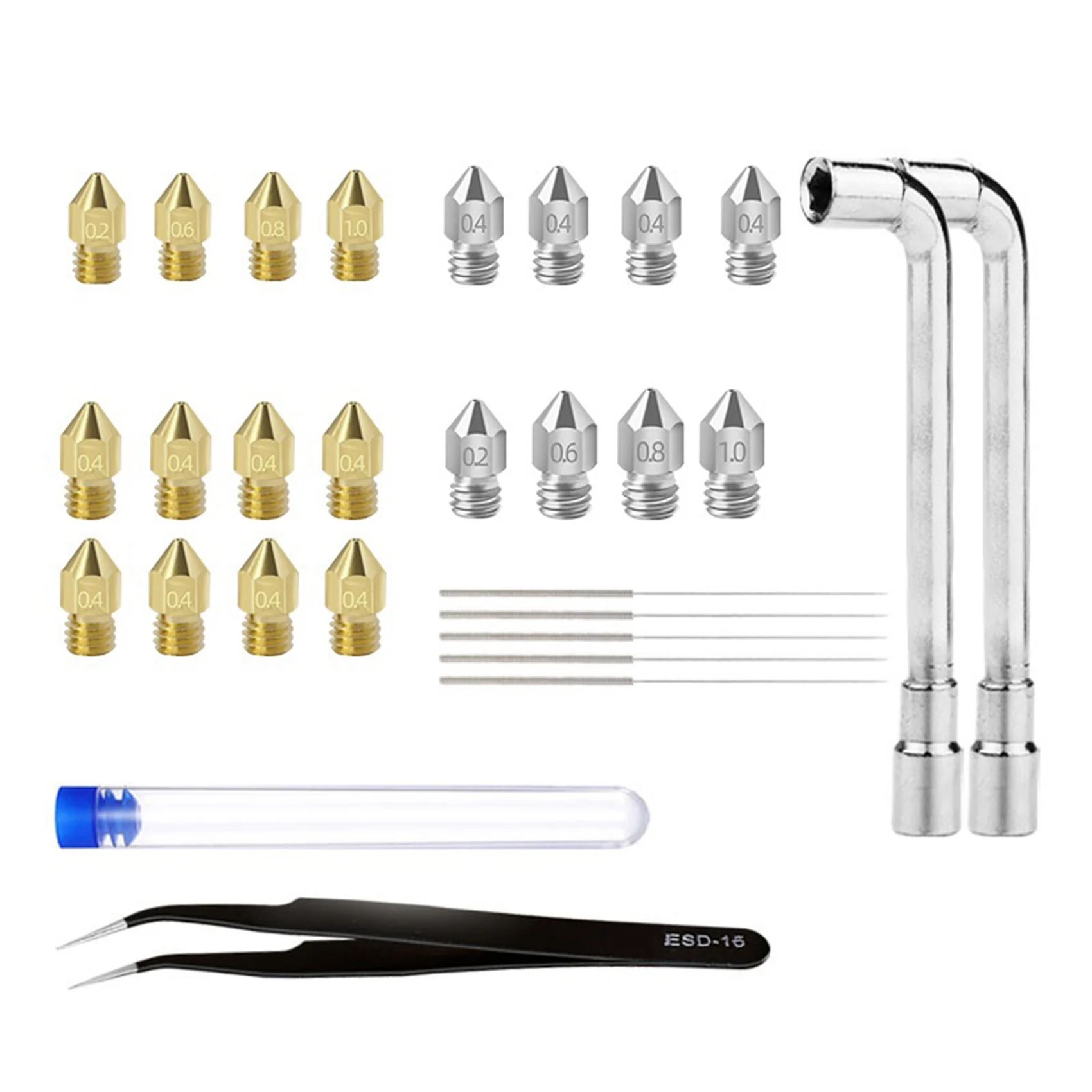 

For Most 3D Printer Nozzle Cleaning Replacement Kits,0.2/0.4/0.6/0.8/1.0mm Nozzle,0.35mm Cleaning Needle,Wrench,Tweezers