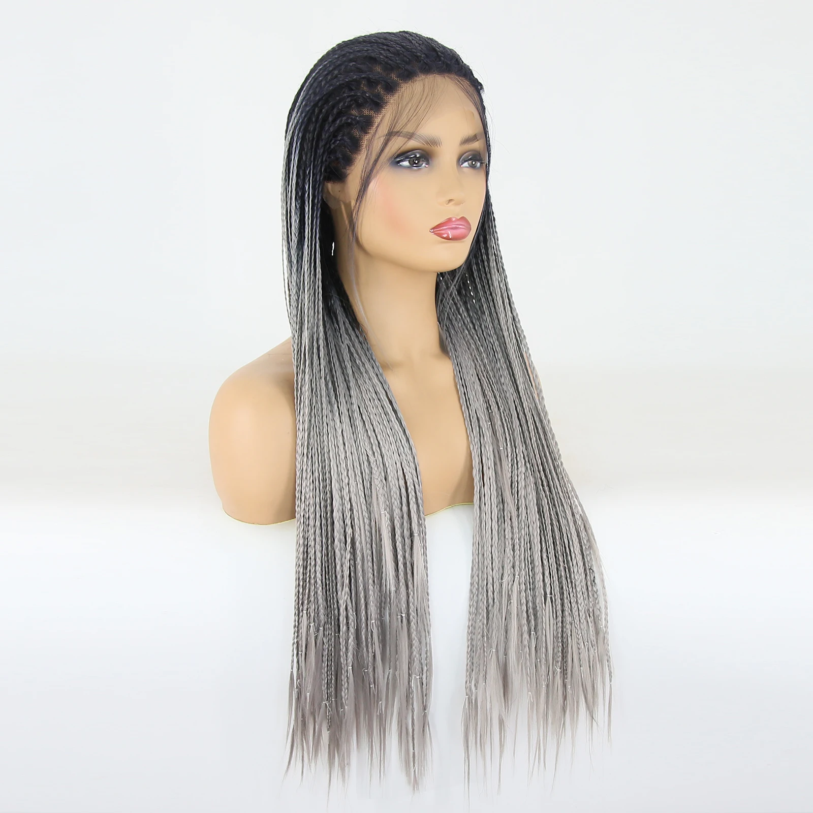 Thiswig Black Ombre Grey Braided Wigs Lace Front Synthetic Wig for Black Women Long Heat Resistant Fiber Box Braid African Wig