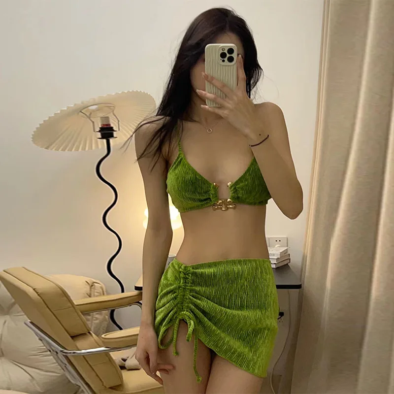 3 Pieces Sexy Bikini Set 2023 New Brazilian Women Swimwear With Skirt Velvet Pleated Beachwear Cover-up Bathing Bikinis Suits