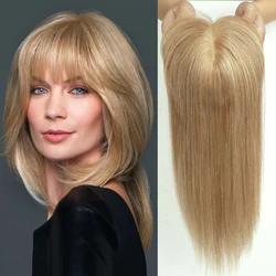 100% Remy Human Hair Toppers with Bangs Honey Blonde Human Hair Piece Silk Base Clip in Topper Top Hairs for Women 10/12/14inch