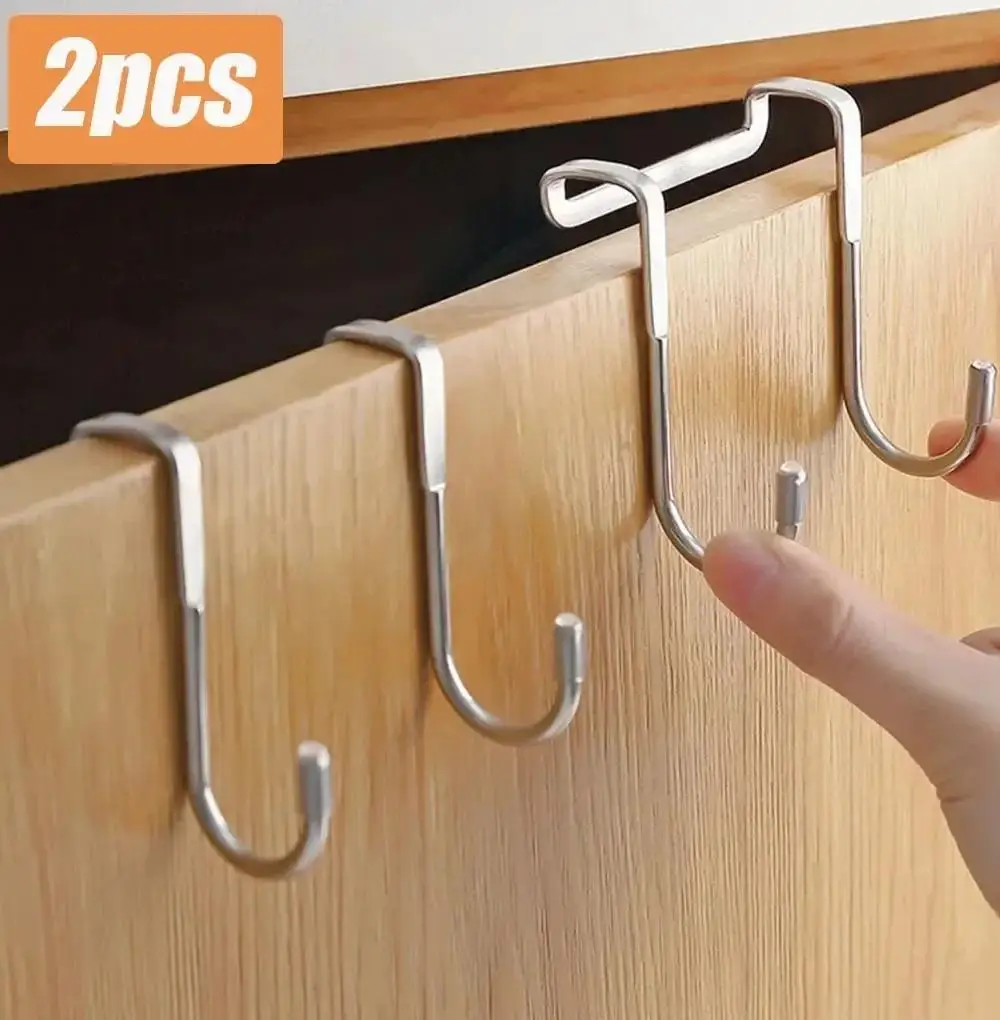 2PCS Stainless Steel Hook Free Punching Double S-Shape Hook Kitchen Bathroom Cabinet Door Back Type Coat Towel Storage Hanger